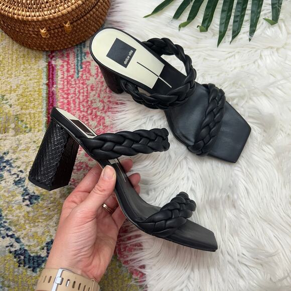 Dolce Vita Black Square Toe Braided Leather Block Heeled Sandal Heels 9 - Picture 1 of 10
